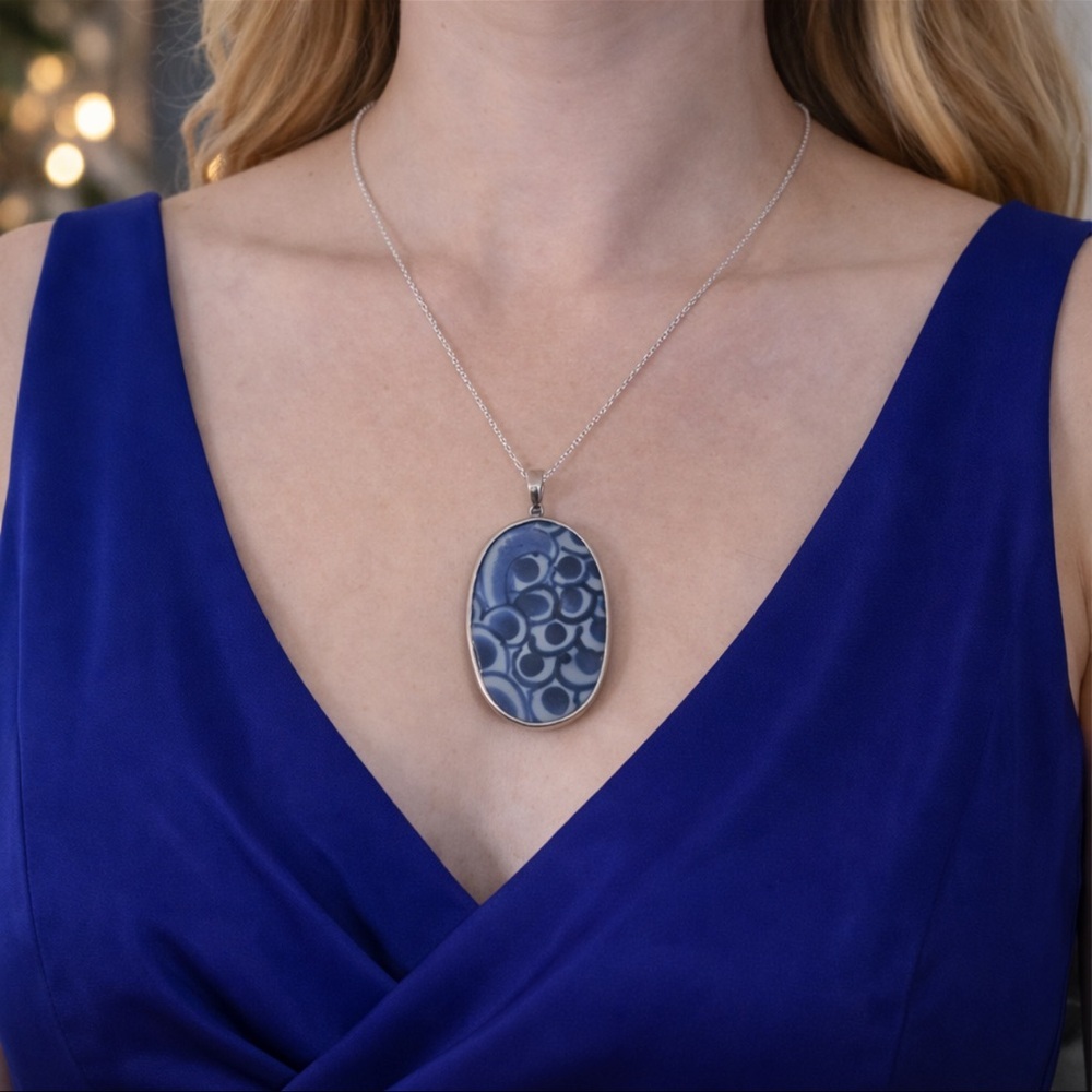 Vintage Blue & White Porcelain Sterling Silver Pendant Necklace